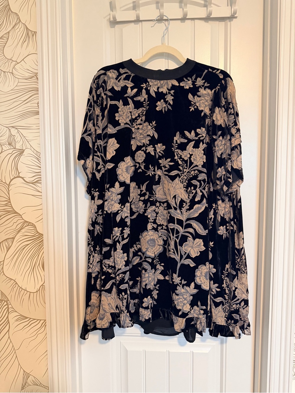 Free People Floral Black mini dress with Cream Velvet Print XS